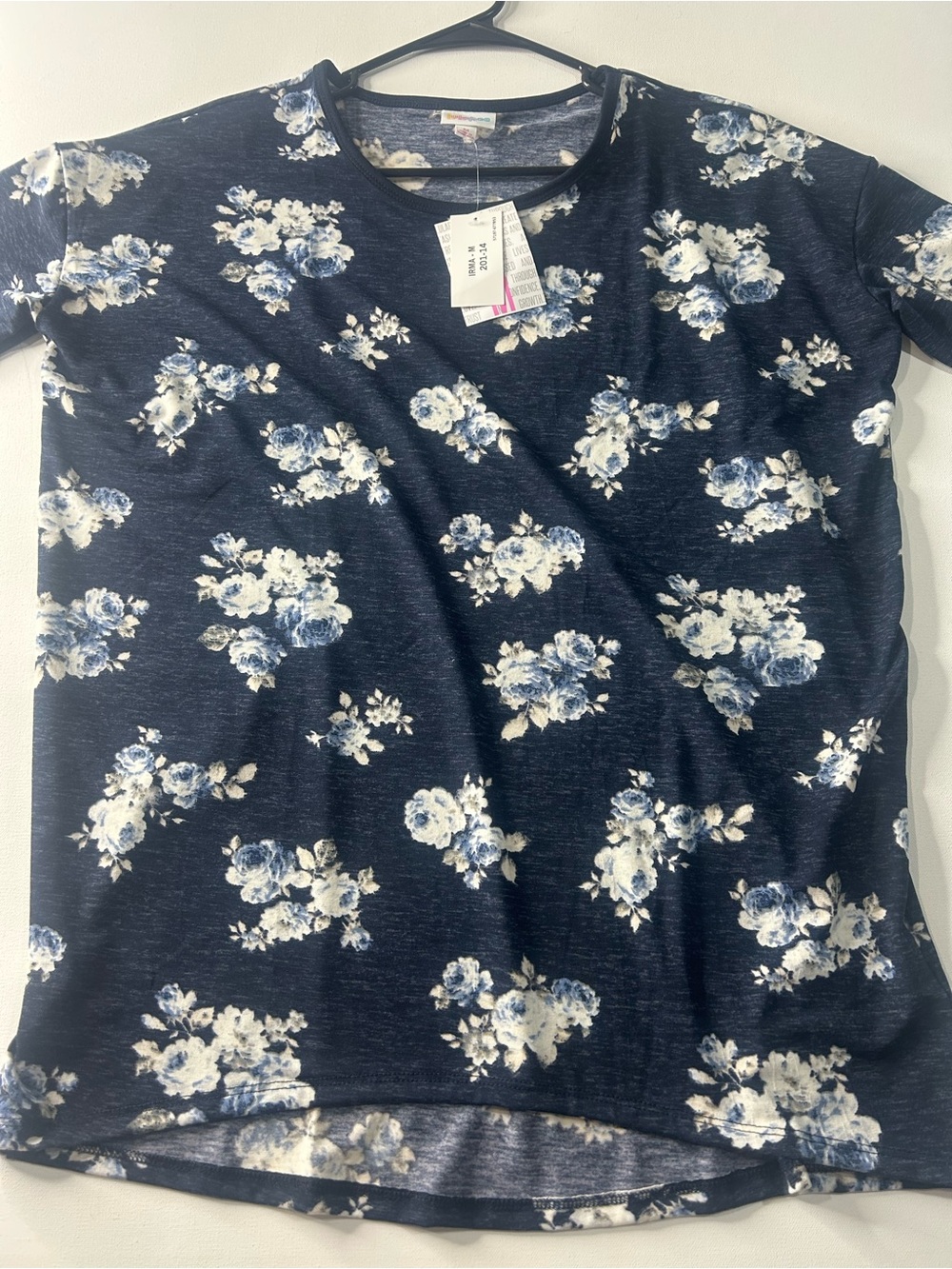 NWT Lularoe Medium Irma Blue Floral Short Sleeve T-Shirt